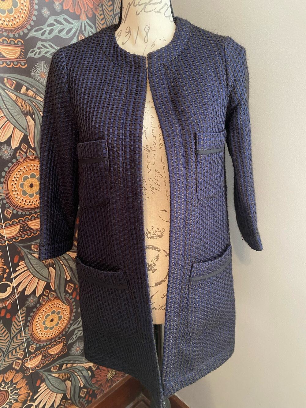 Sloosh Open Front Blue & Black Tweed Coat Size XS